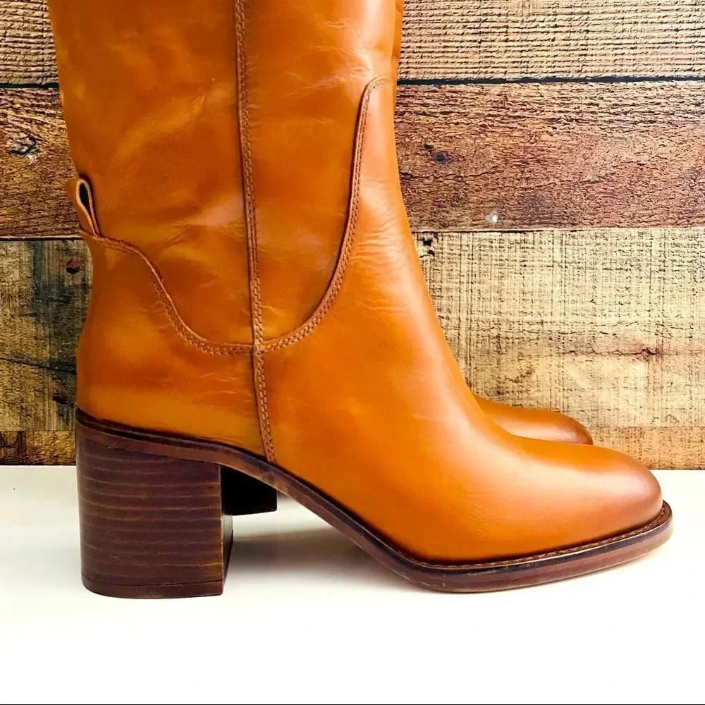 NWOT Zara Cognac Leather Block Heel Knee High Boots